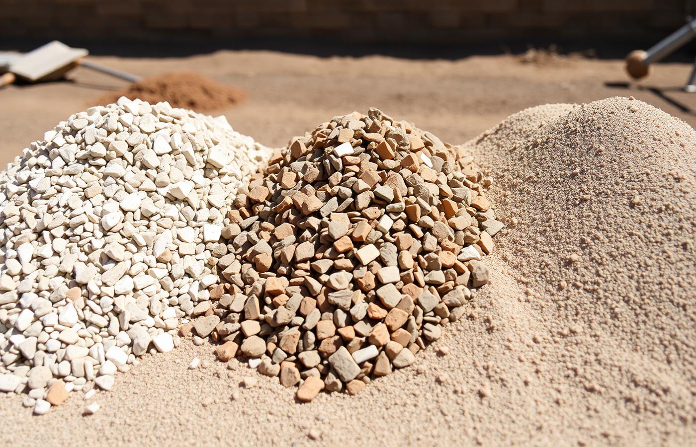 Separate piles of crushed rock, chips, and washed sand in a materials yard