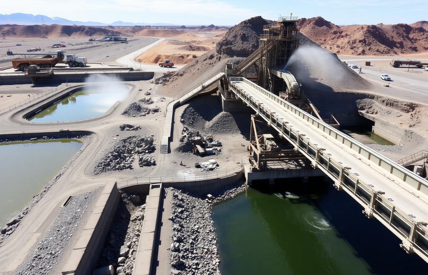 Wash plant with conveyors and settling ponds at a desert aggregate operation